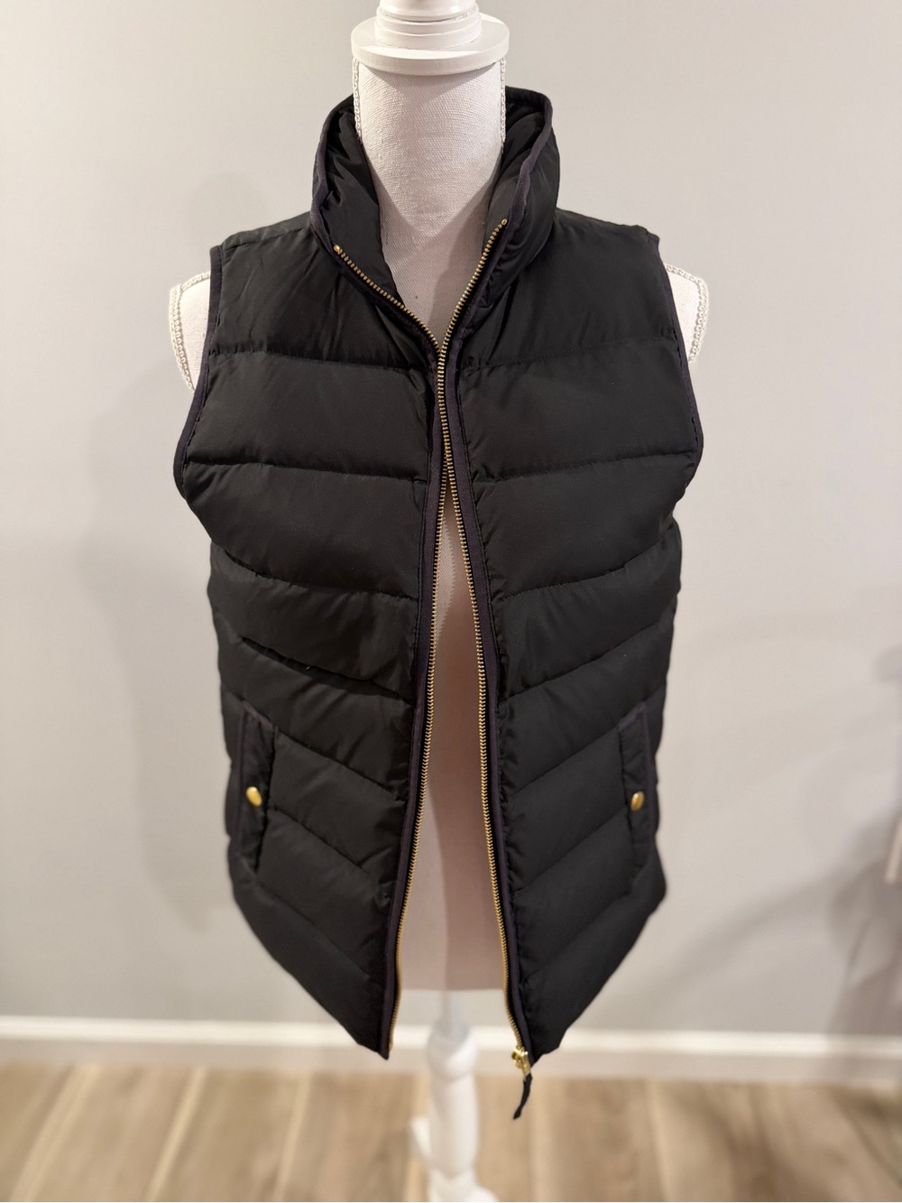 J. Crew Black Quilted Puffer Vest with Gold Trim